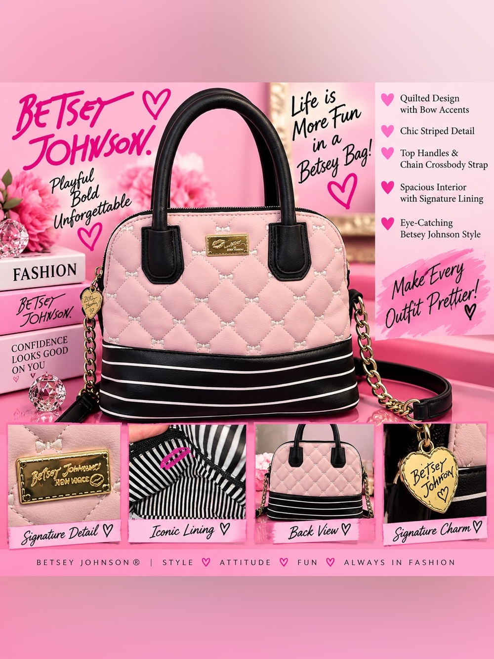 Betsey Johnson Pink Quilted Satchel with Black Striped Base